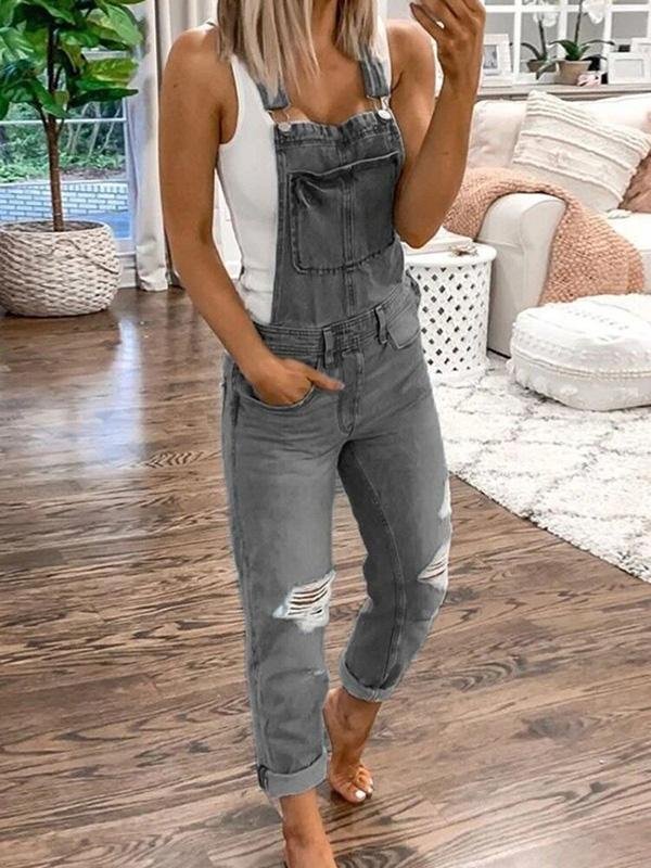 New women's ripped denim jumpsuit, a must-have for trendy spring summer casual outfits. Fashionable & modern.