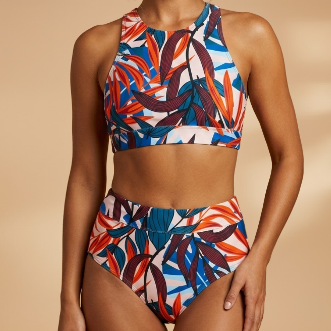 Comfortable women's tropical high neck, high waisted bikini. Sporty yet stylish full coverage swimwear.
