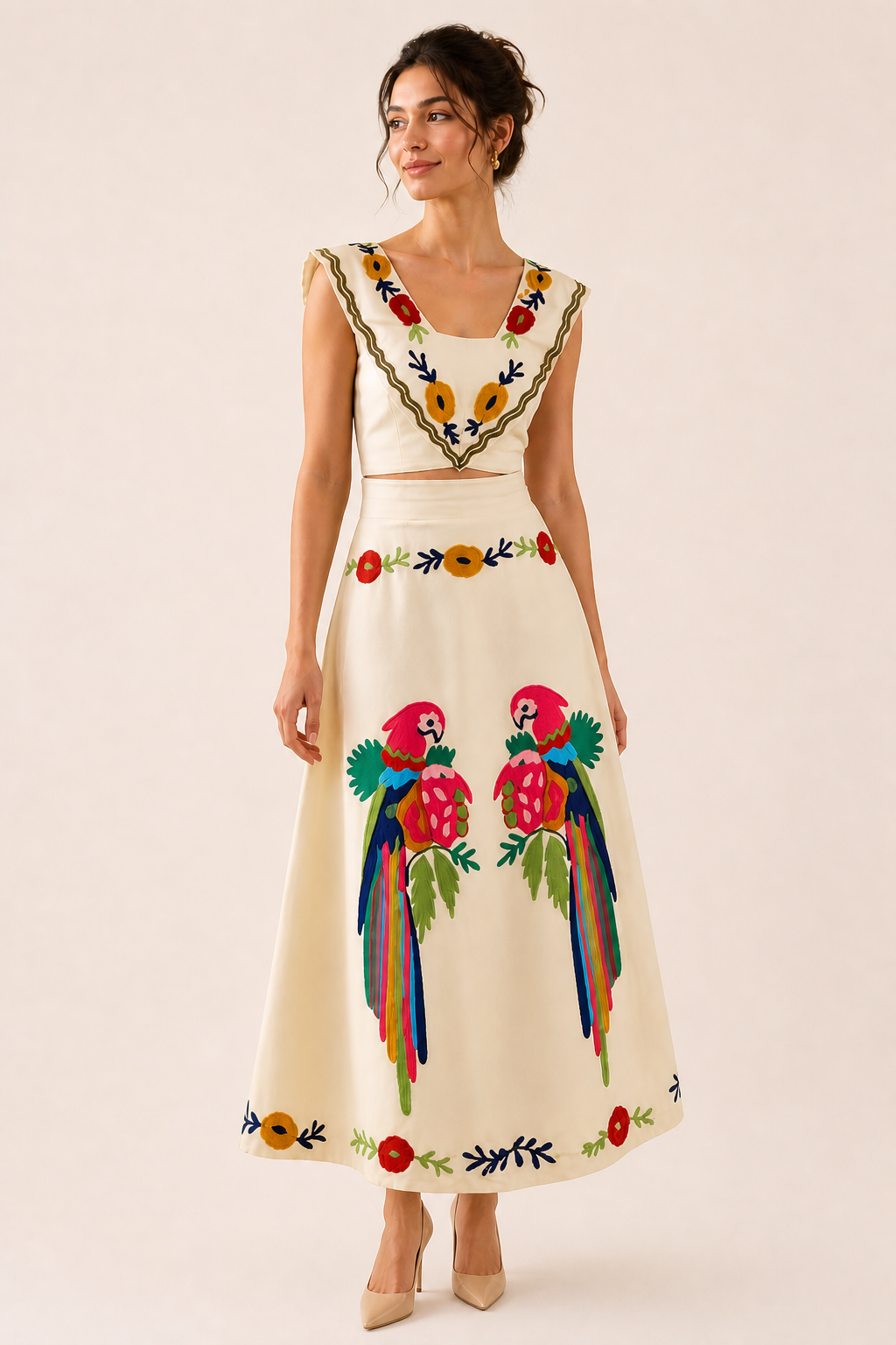 Women's tropical print crop top & maxi skirt set in beige, perfect for summer vacation or resort wear.