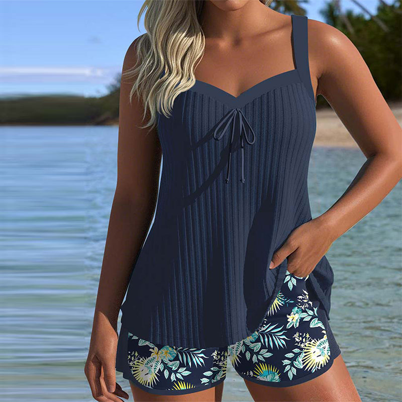 Women's tropical tie-front sweetheart tankini swimsuit set with boyshorts, perfect for beachwear & summer.