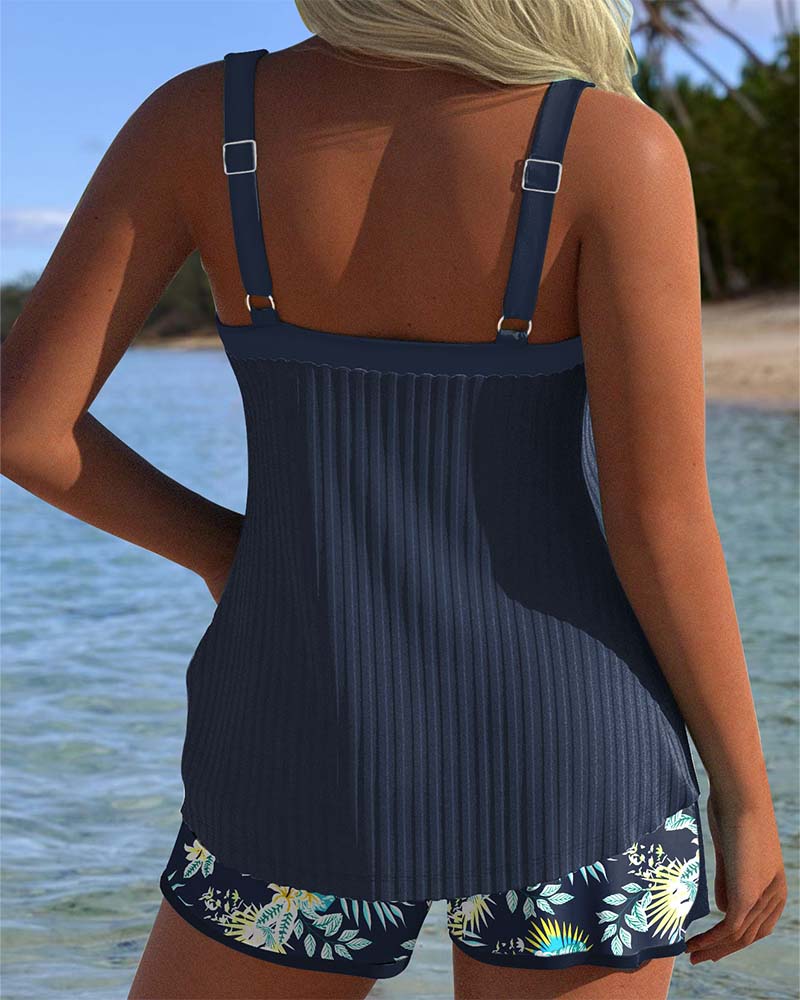 Flattering women's tropical tie-front sweetheart tankini top, resortwear swimwear, ideal for summer beach days.