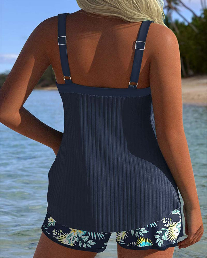 Flattering women's tropical tie-front sweetheart tankini top, resortwear swimwear, ideal for summer beach days.