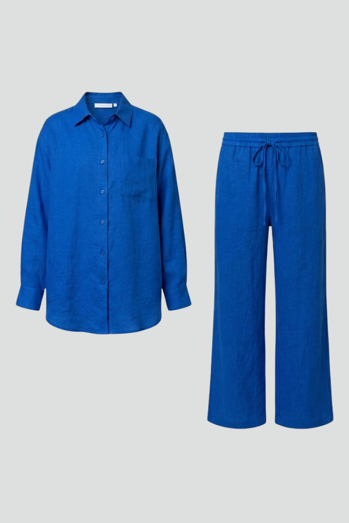 Women's two-piece set with button-up shirt & straight trousers. Elegant casual chic co-ord set.
