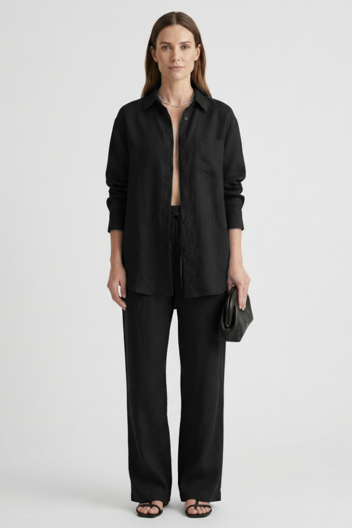 Women's button-up shirt and straight leg trousers set. A modern, elegant co-ord for various occasions.