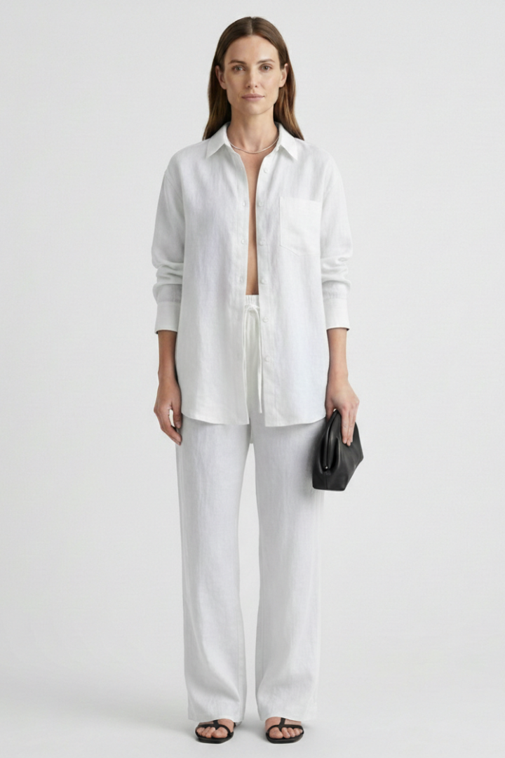 Spring/summer women's two-piece set: button-up shirt & straight leg trousers. Modern casual chic outfit.