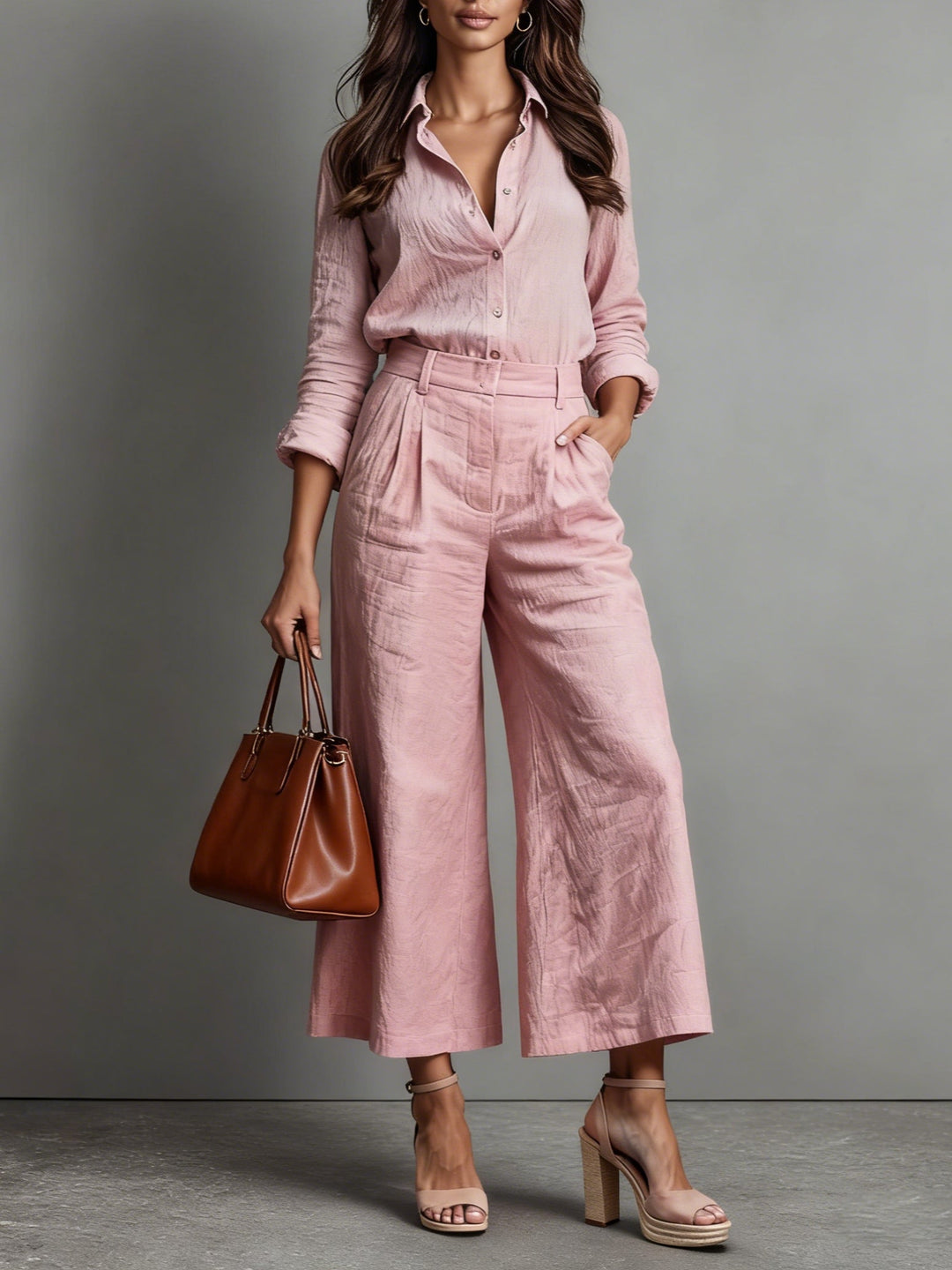 Women's two-piece set with wide leg pants & button-down shirt. Perfect for casual elegance & comfort.