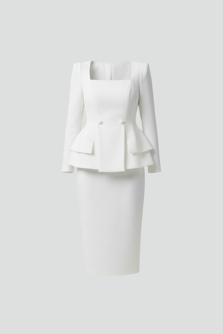 Women's two-piece skirt suit with a square neckline, perfect for professional business and elegant office wear.