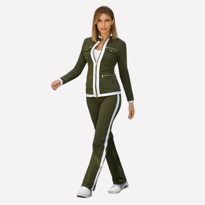 Stylish women's zip jacket & pant set, featuring modern contrast trim. Ideal casual two-piece outfit.