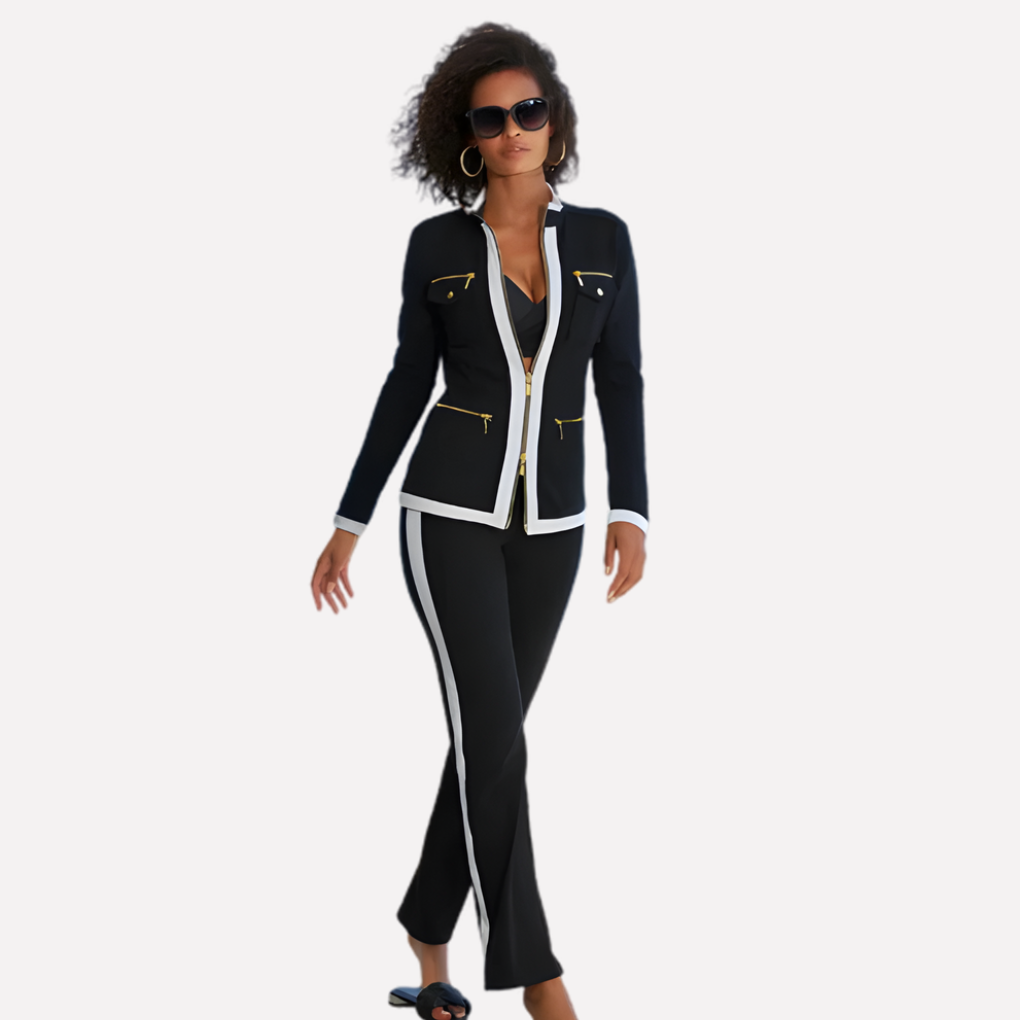 Everyday women's matching set: comfortable zip jacket and pant with stylish contrast trim. Casual outfit.