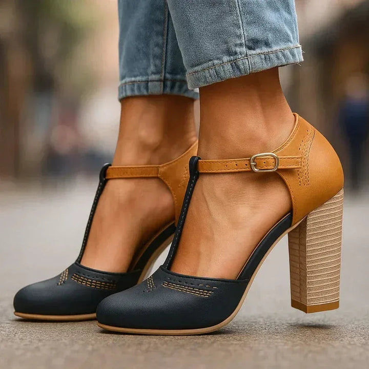Comfortable ladies' two-tone block heel pumps, ideal for daily wear, office, and classic fashion style.