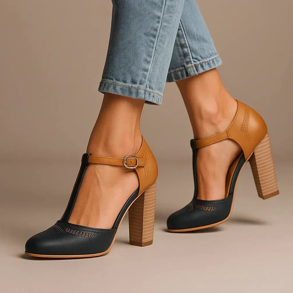 Classic two-tone block heel pumps, women's fashion heels offering comfort and timeless versatile style.