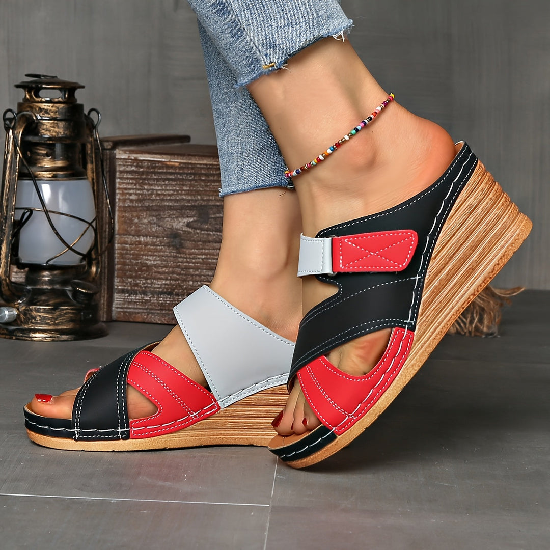 Women's summer wedge sandals featuring a trendy two-tone color block design. Perfect fashionable casual footwear.