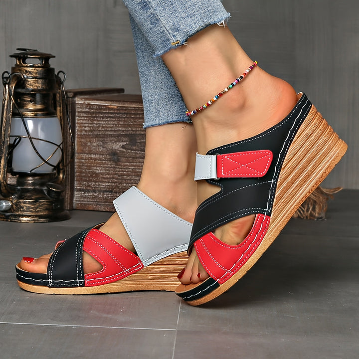 Women's summer wedge sandals featuring a trendy two-tone color block design. Perfect fashionable casual footwear.