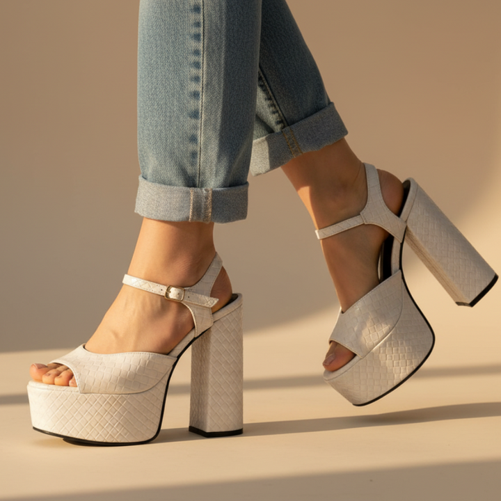 Women's ultra high block heel platform sandals with a stylish buckle strap, perfect for parties & evenings.