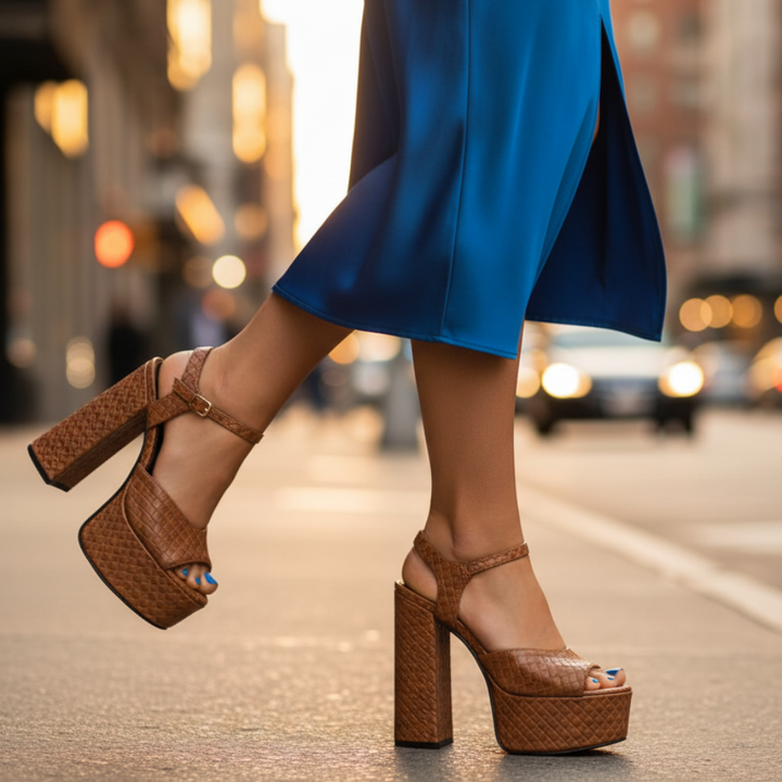 Women's ultra high platform sandals, block heel, open toe, and buckle strap for chic party wear.