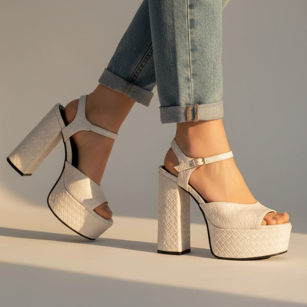 Chic women's platform sandals with ultra high block heels, buckle, and open toe for elegant party wear.