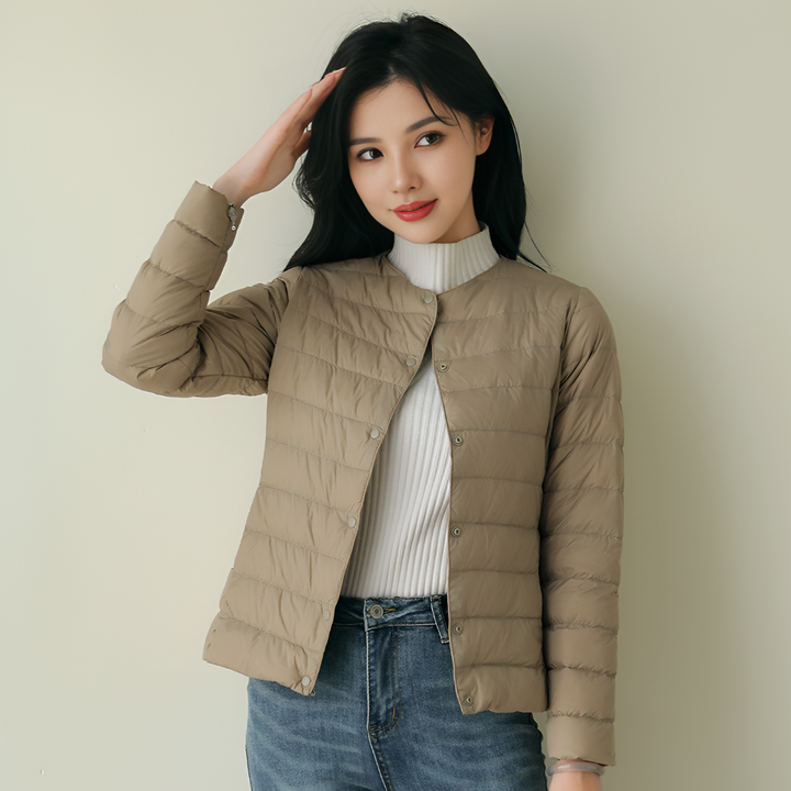 Women's ultralight collarless puffer jacket, perfect for packable warmth and casual layering outerwear.