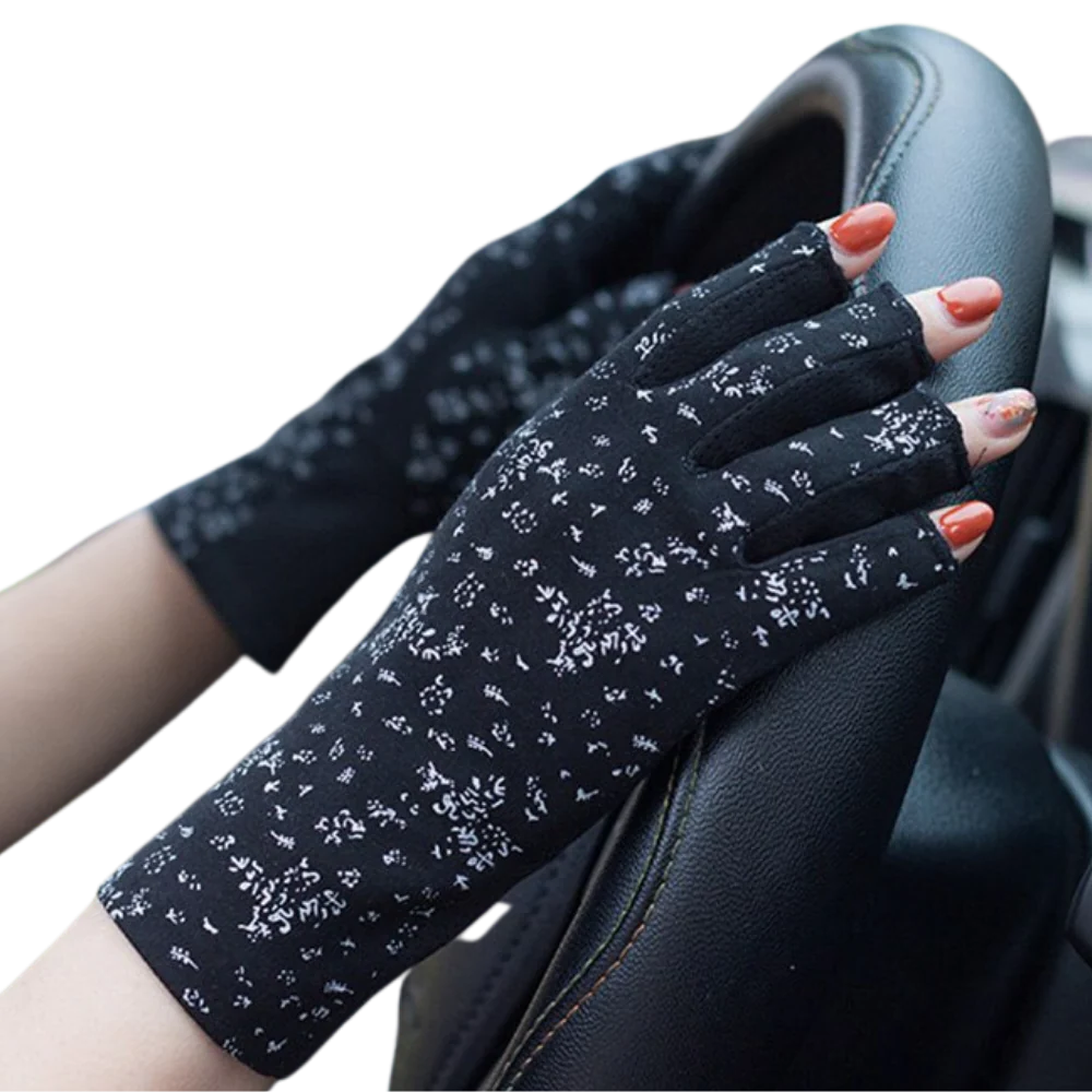 Women's UV protection fingerless gloves, ideal for sun shield during outdoor summer activities. Lightweight & comfortable.