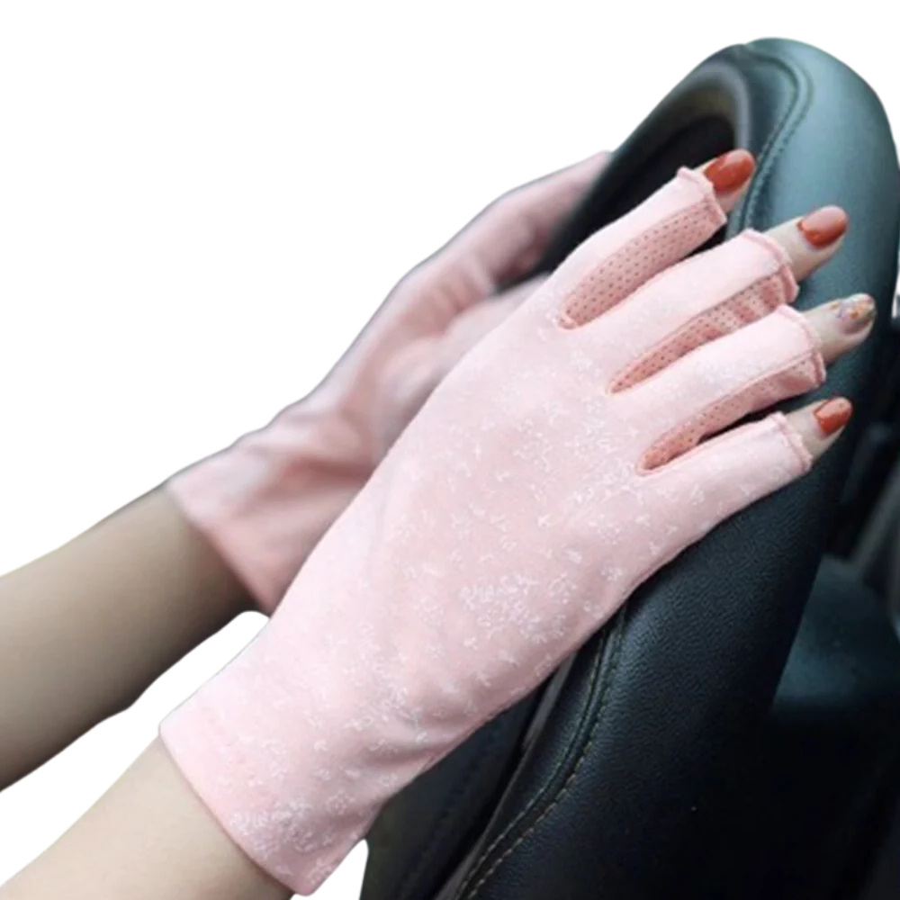 Close-up of women's fingerless UV protection gloves, showing lightweight fabric for effective sun shield.