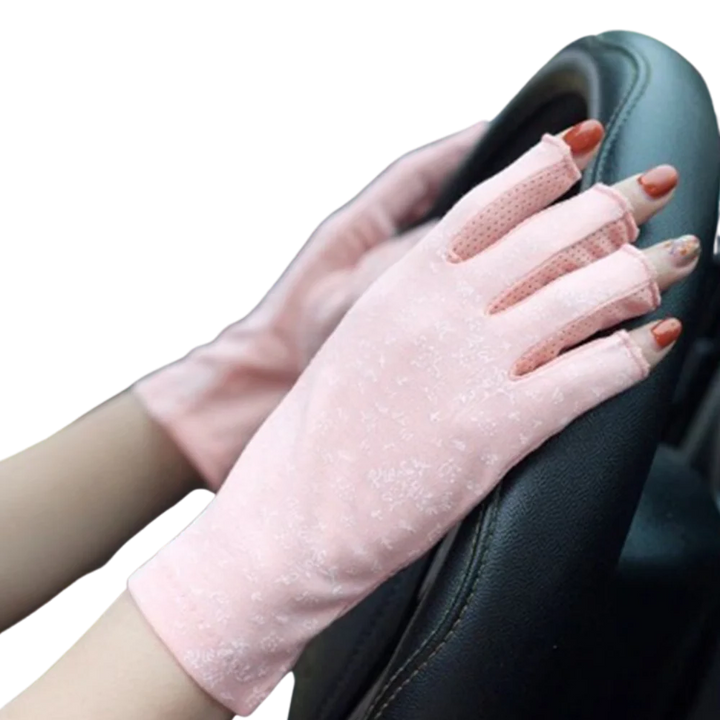 Close-up of women's fingerless UV protection gloves, showing lightweight fabric for effective sun shield.