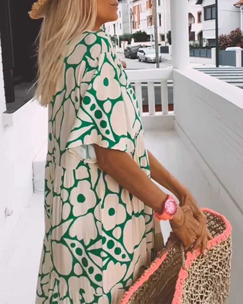 Abstract print V-neck maxi dress for women, a stylish and comfortable option for your summer wardrobe.
