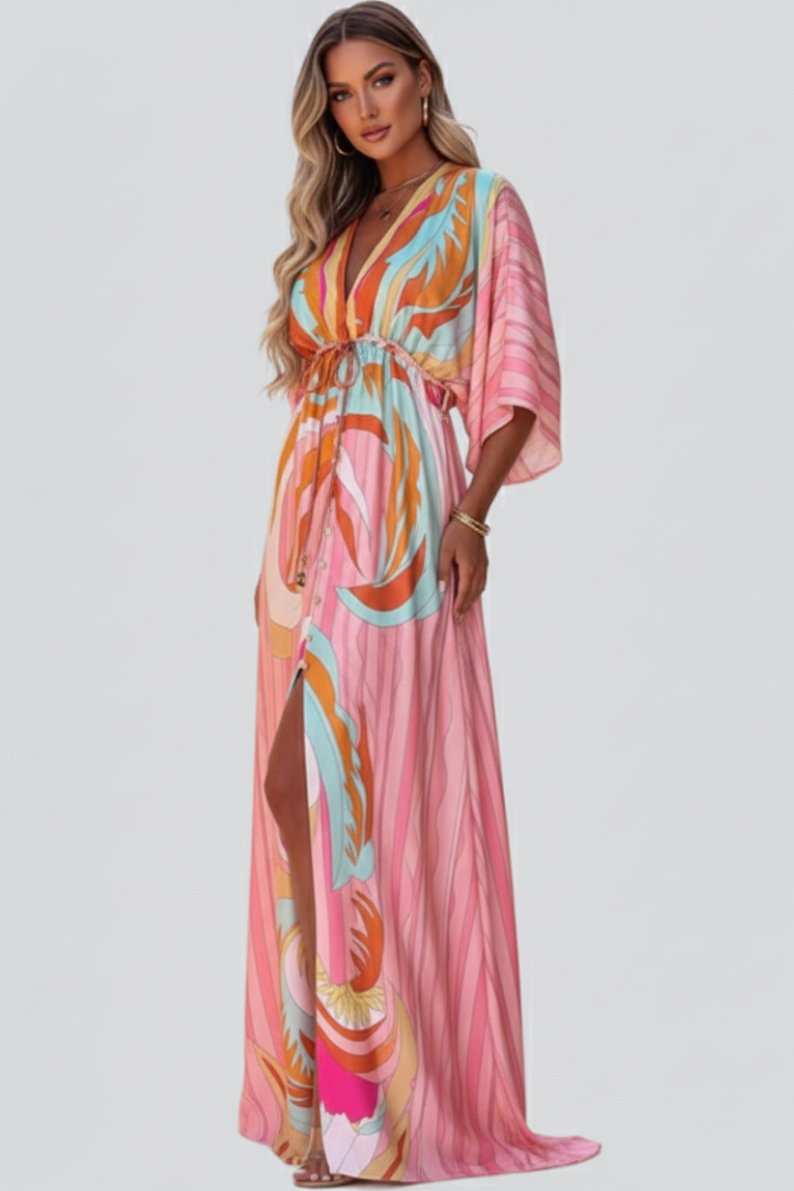 Elegant V-neck women's maxi dress featuring a vibrant abstract pattern and an adjustable waist belt for a flattering fit.