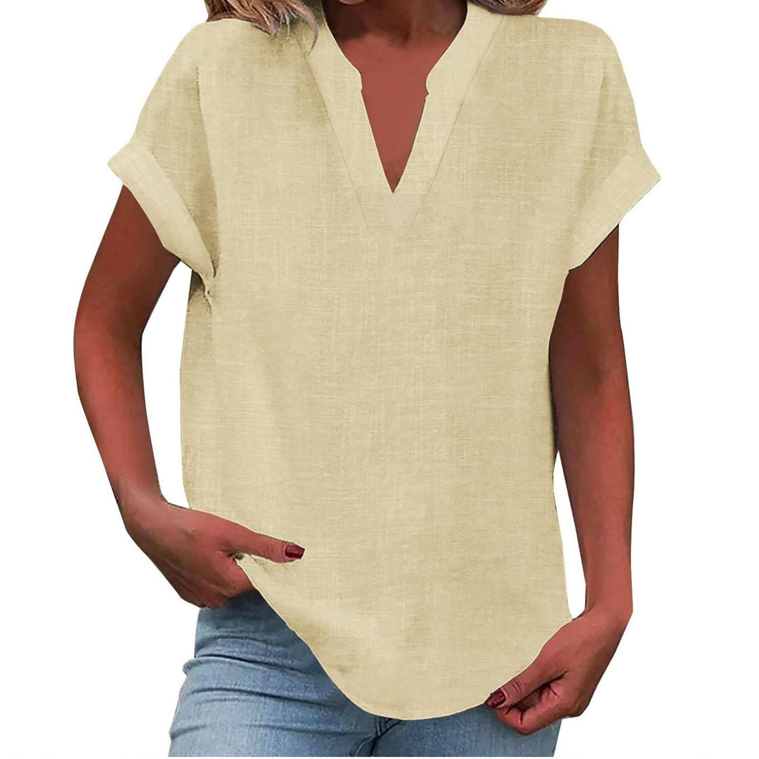 Relaxed fit women's V-neck blouse, short sleeve, elegant design. Suitable for spring style.