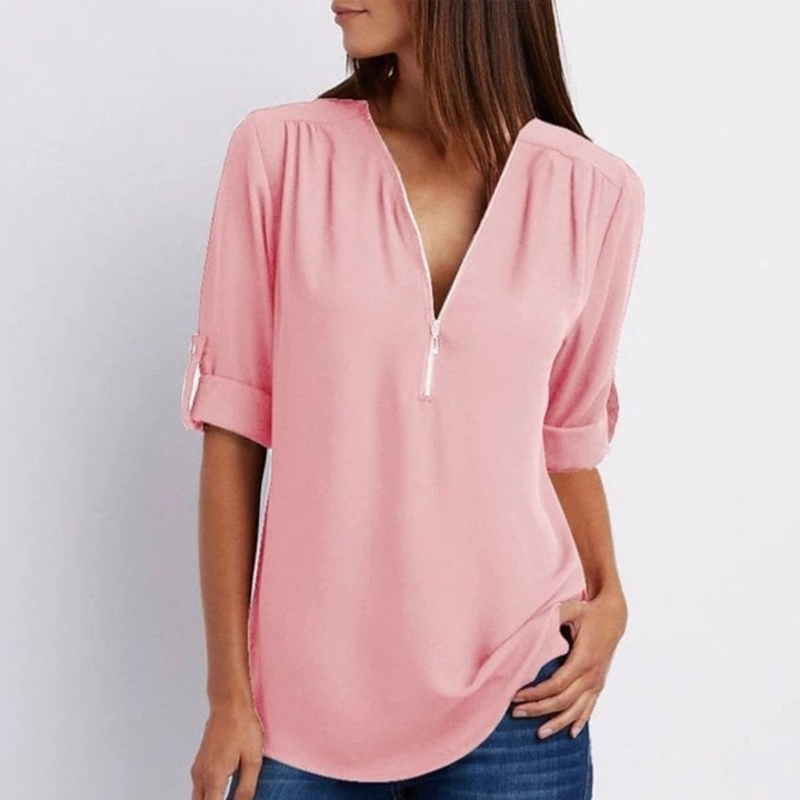 Women's V-neck blouse with roll-up sleeves & zip front, perfect for versatile everyday wear & office fashion.