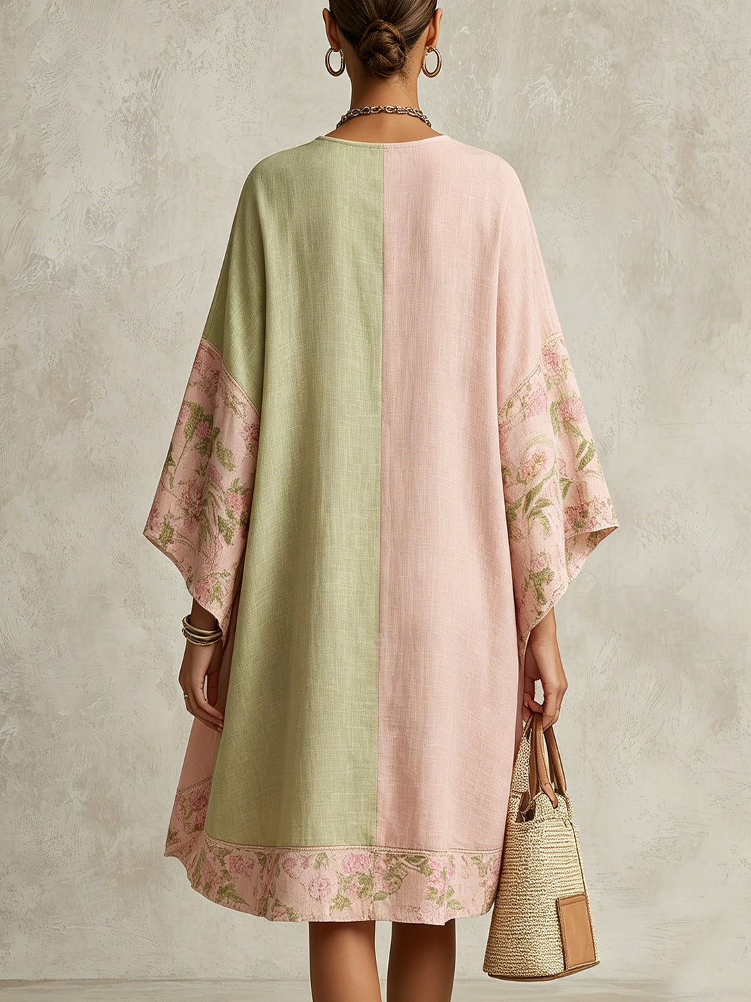 Relaxed fit women's V-neck floral color block kaftan maxi dress with flowing sleeves, ideal for summer vacation.