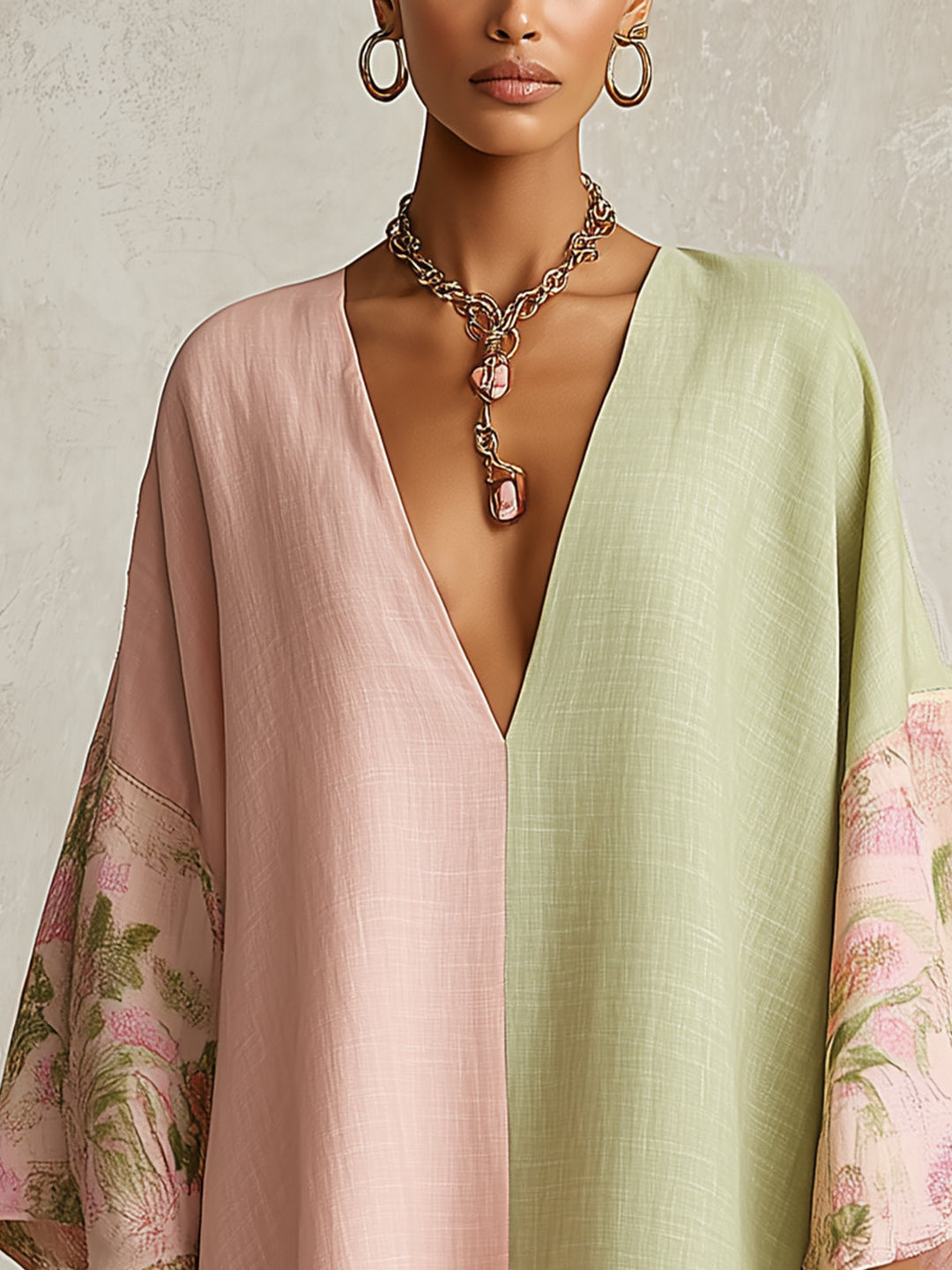 Boho V-neck color block floral kaftan maxi dress for women, featuring elegant flowing sleeves. Great for beach.