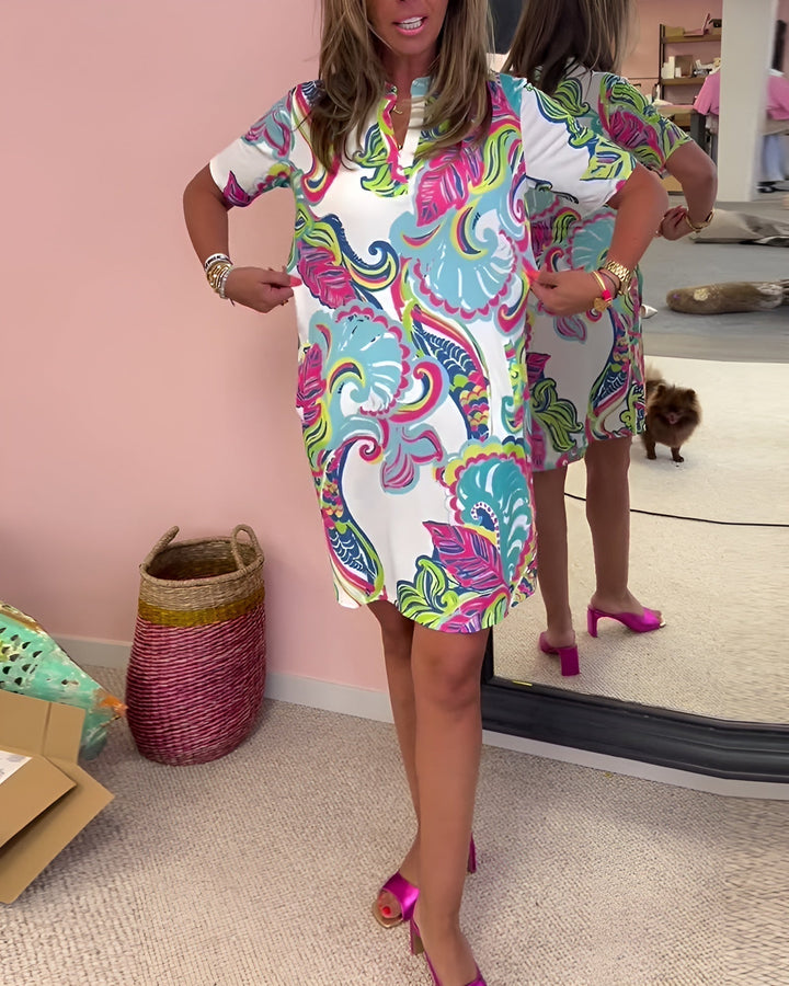 Comfortable women's V-neck draped printed dress, designed with tummy control for a smooth, stylish silhouette.