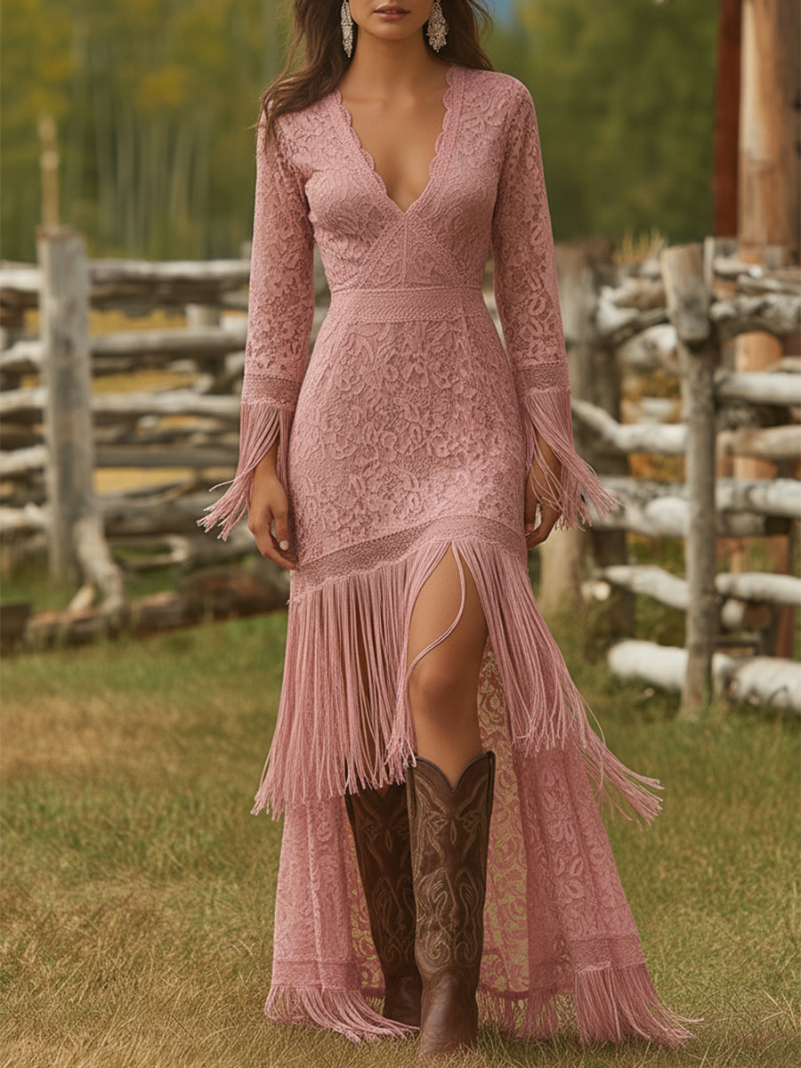 Bohemian chic V-neck fringe maxi dress, a sophisticated long sleeve evening gown.