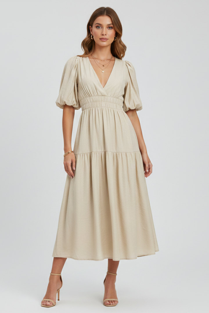 Chic women's puff sleeve V-neck midi dress featuring a stylish layered skirt, ideal for occasions.