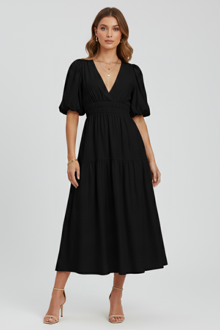 Casual yet elegant women's midi dress with V-neck, voluminous puff sleeves, and a flattering silhouette.