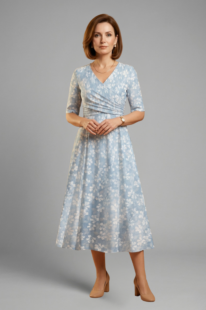 Elegant women's V-neck midi dress. Short sleeve summer dress with convenient pockets, versatile fashion.