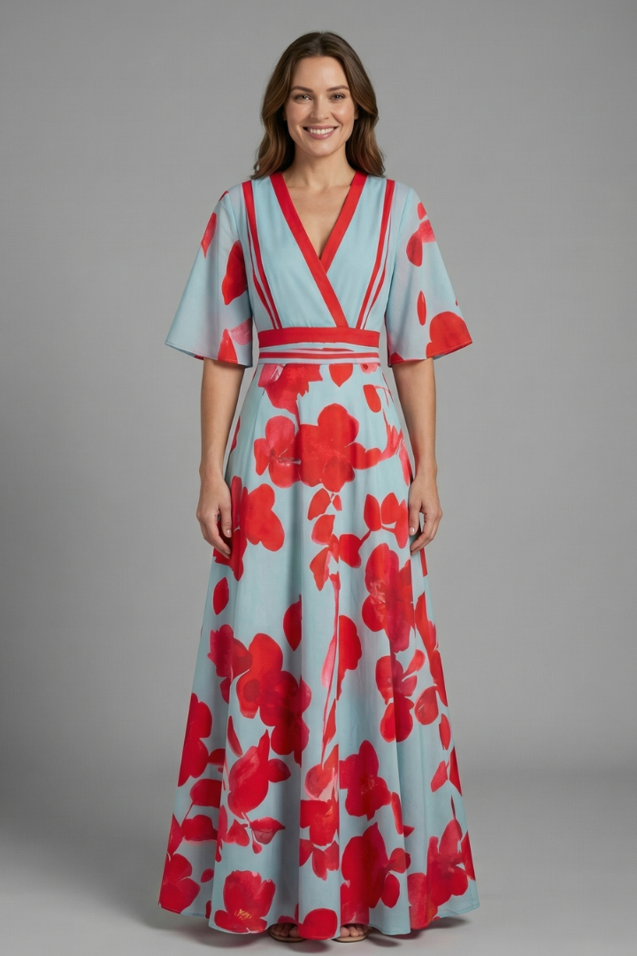 Close-up of a women's V-neck printed maxi dress, showcasing flutter sleeves, wrap waist, and unique pattern.