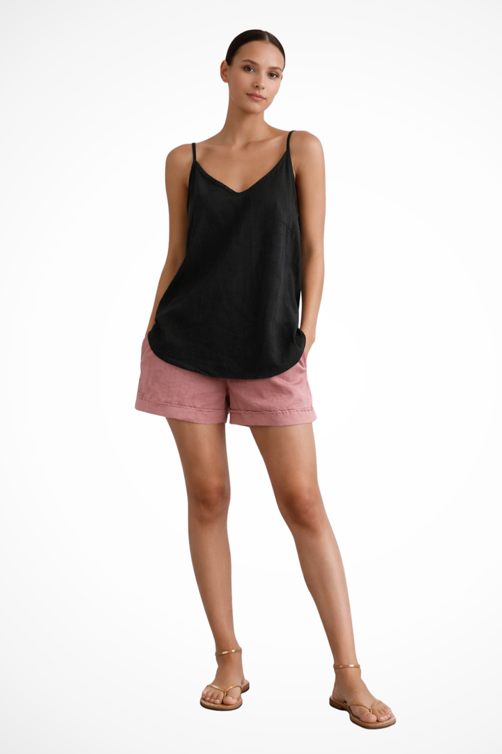 Versatile women's V-neck cami top with spaghetti straps. Relaxed fit for summer and casual styling.