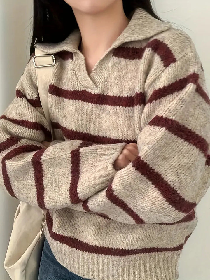 Women's V-neck relaxed fit pullover sweater in cozy knit for autumn/winter. Loose, soft, and versatile everyday comfort.
