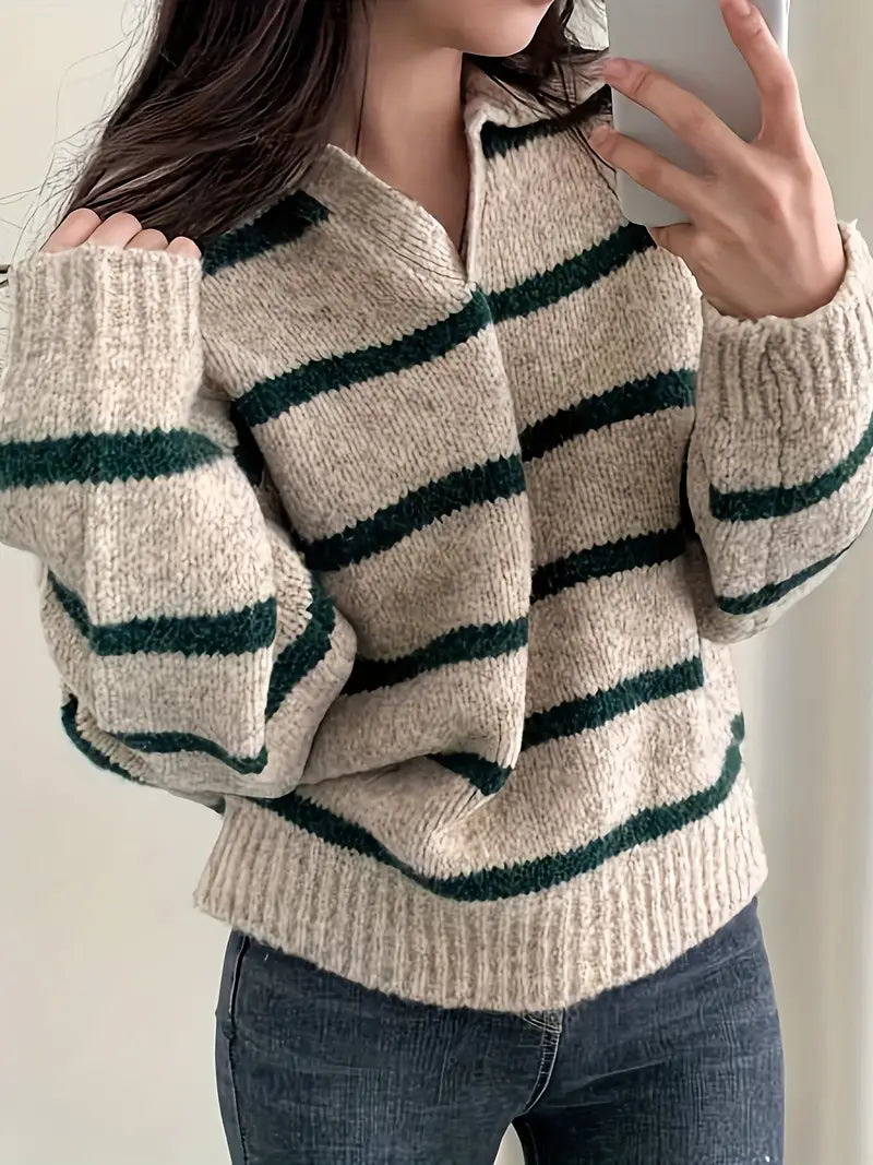 Stylish women's long-sleeve V-neck pullover sweater. Relaxed fit knitwear for casual autumn fashion & winter warmth.