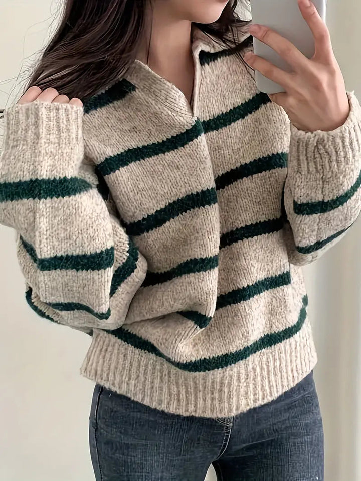 Stylish women's long-sleeve V-neck pullover sweater. Relaxed fit knitwear for casual autumn fashion & winter warmth.