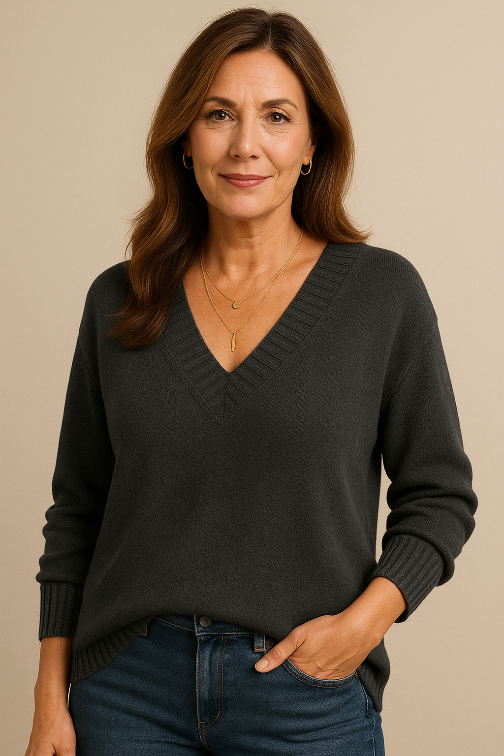 Cozy women's long sleeve V neck sweater. Ribbed knit, relaxed fit, ideal for fall/winter style.