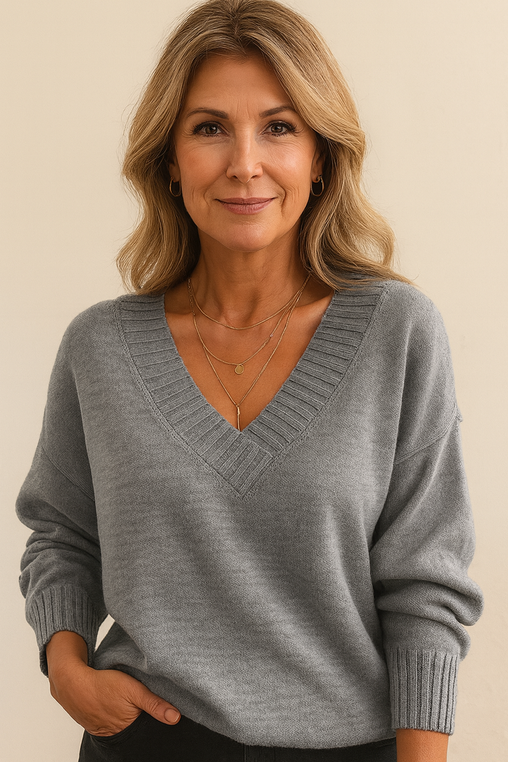 Everyday women's V neck sweater. Ribbed knit, relaxed fit, long sleeve, chic and cozy for winter.