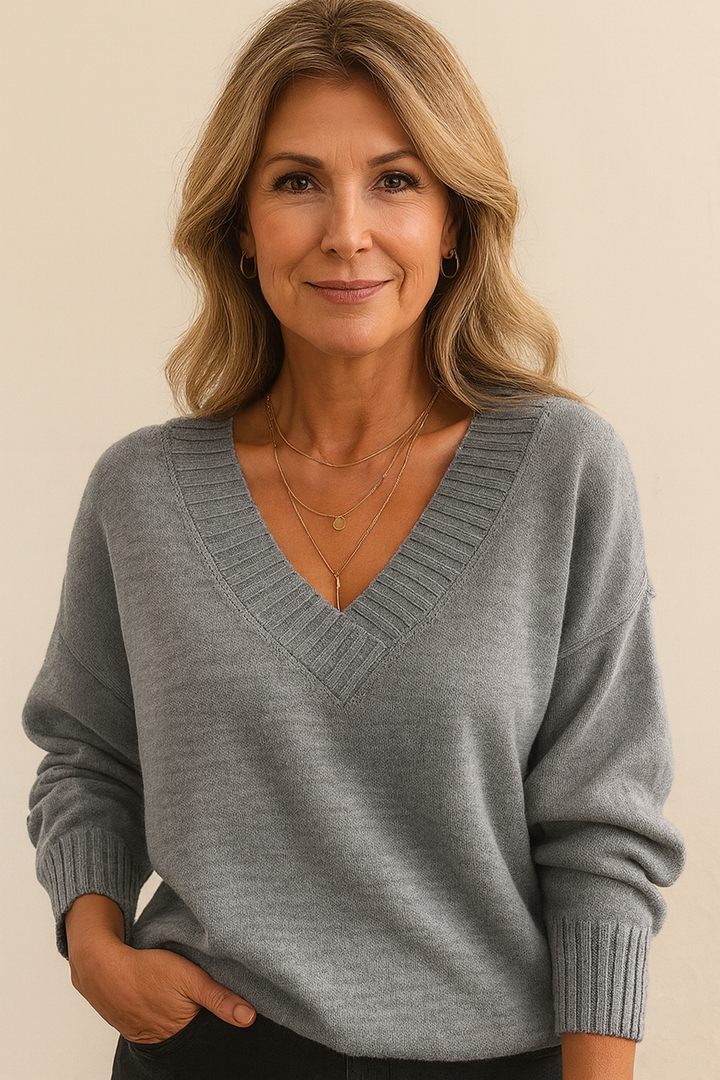 Everyday women's V neck sweater. Ribbed knit, relaxed fit, long sleeve, chic and cozy for winter.