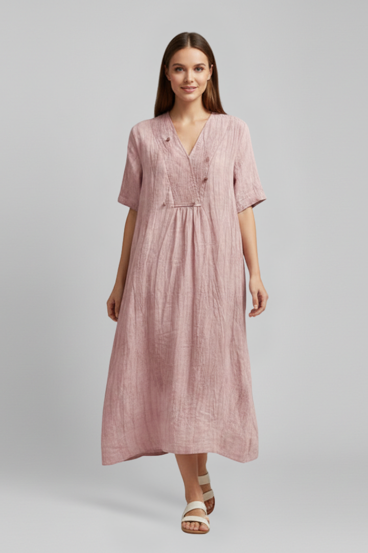 Feminine V-neck short sleeve flared dress for women, featuring an elegant spot pattern.