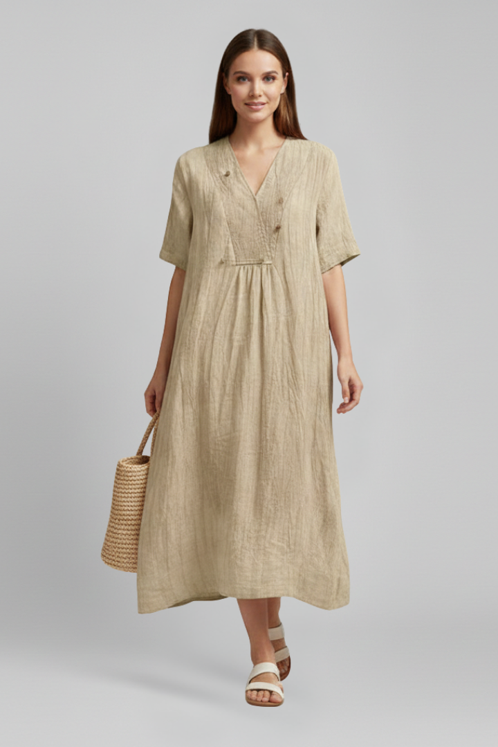 Spot pattern V-neck short sleeve women's dress, knee-length, perfect for summer elegance.