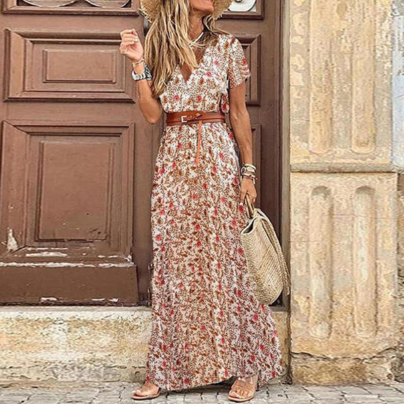 Women's V-Neck Short Sleeve Floral Maxi Dress, perfect for summer casual wear