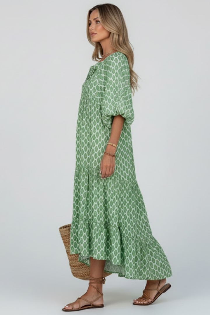 Casual V-neck maxi dress with short sleeves for women, featuring a beautiful printed design. Great for everyday comfort.