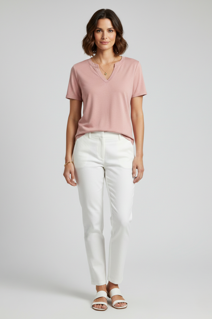 Plain women's V-neck short sleeve t-shirt, loose fit, a versatile and comfortable casual top.