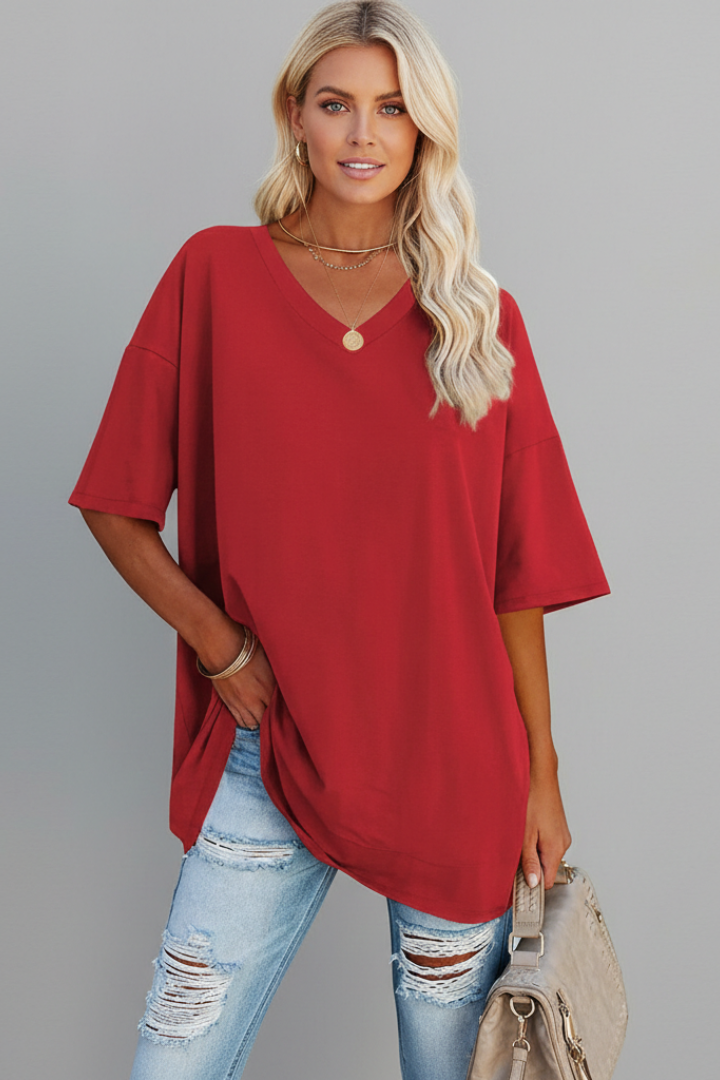 Women's V-neck short sleeve t-shirt. Loose fit, comfortable for everyday & summer fashion.