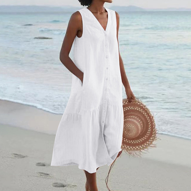 Comfortable relaxed fit V-neck sleeveless midi dress for women, featuring a button-front and ruffle hem.